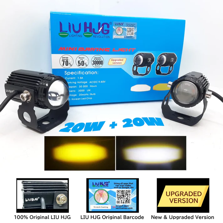 Original HJG Mini Drive LED Fog Light Bulb Lamp For Cars and Motorcycles Dual Color (White & Yellow) With Cooling Fan (Set of 2)